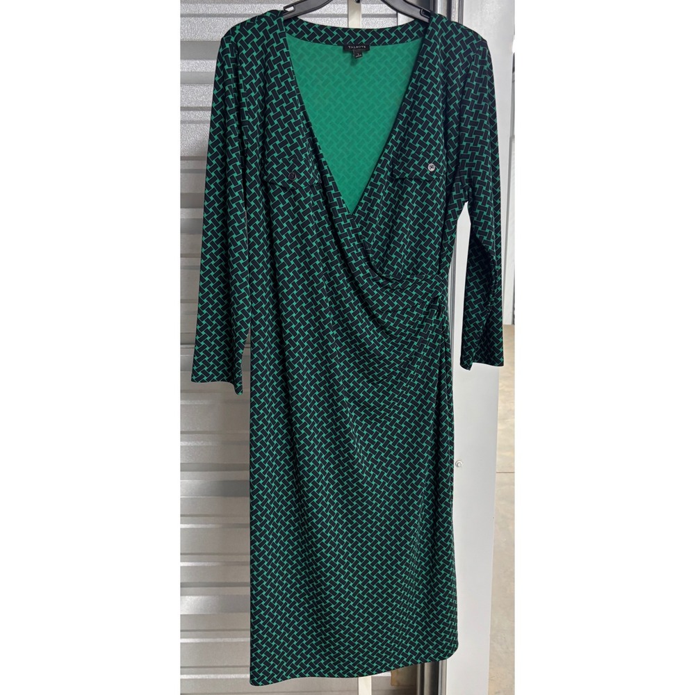 Talbots Green Navy Geometric Faux Wrap Dress 3/4 Sleeve PH2807 L
